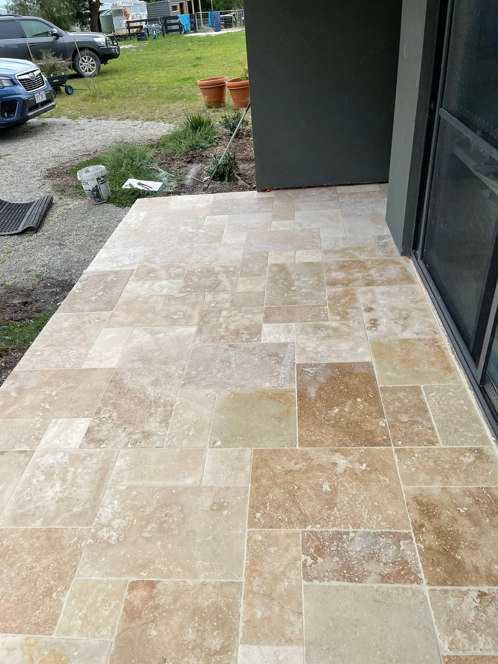 Second view of the completed French pattern stone paving